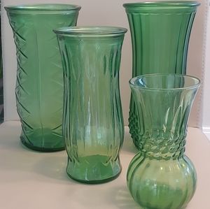 Vintage Matching Set of 4 Green Glass Vases